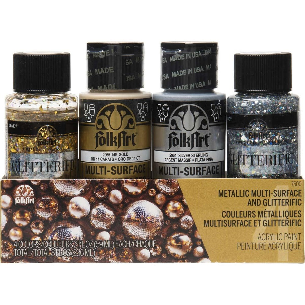 FolkArt Multi-Surface Metallic & Glitterific Dazzle Acrylic Paint Set (4 Colors)