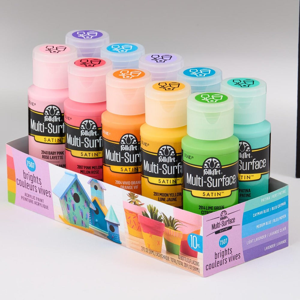 FolkArt Multi-Surface Satin Acrylic Paint Set, Brights (10 Colors)