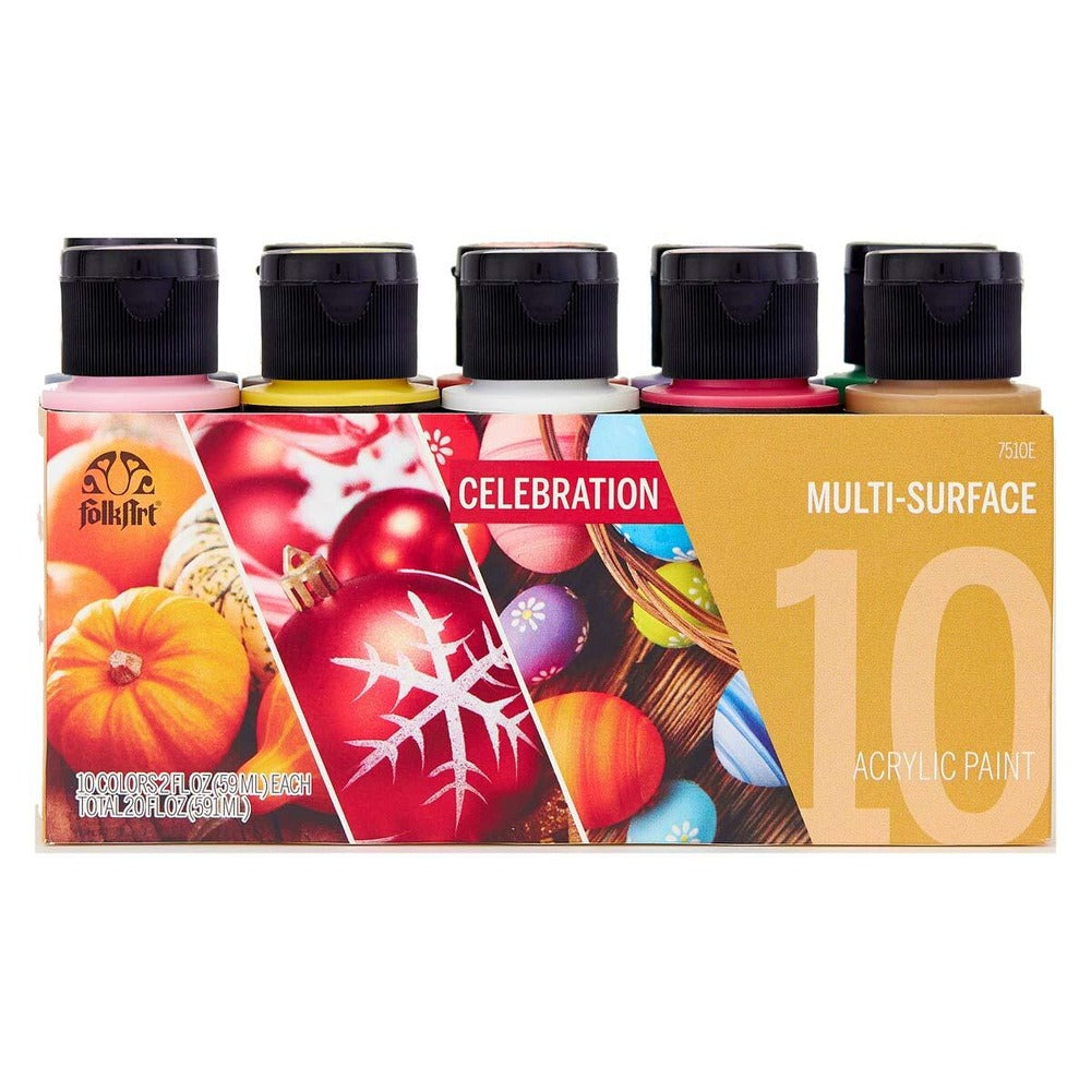 FolkArt Multi-Surface Satin Acrylic Paint Set, Celebrations (10 Colors)